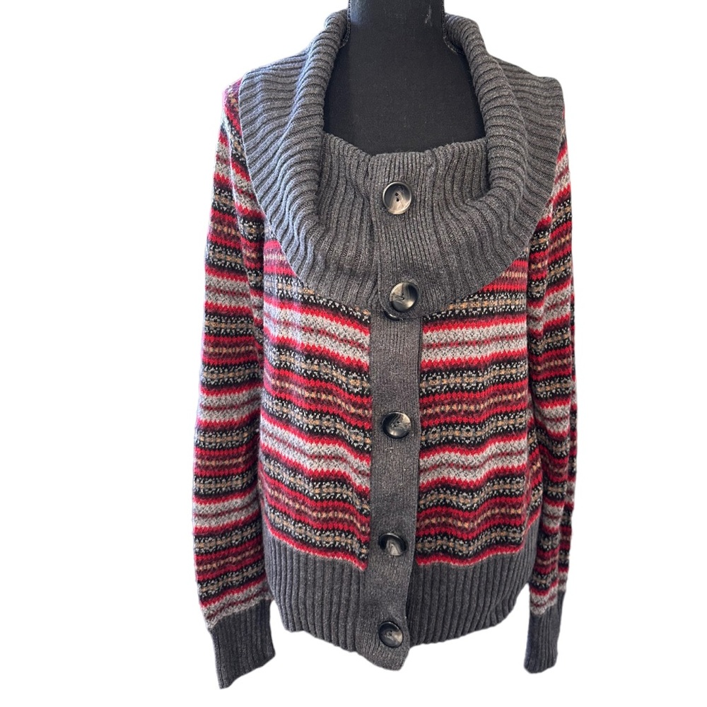 Eddie Bauer Gray Fair Isle Cardigan Button Front Size L Cotton Angora